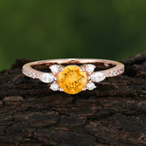 Round Cut Citrine Cluster Engagement Ring Six Prong Setting